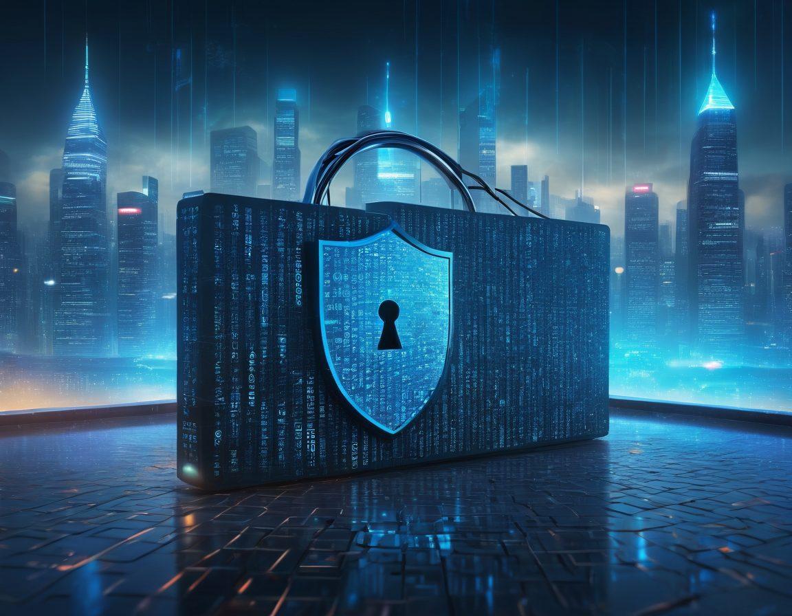 A digital shield symbolizing online security, surrounded by floating padlocks and personal credentials like usernames and passwords, set against a futuristic city skyline. The background features a matrix of binary code and vibrant blue tones to convey a sense of protection and technology. A hand reaching to secure the shield symbolizes user engagement. super-realistic. vibrant colors. cyberpunk.