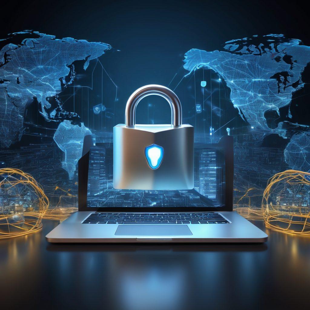 A digital landscape depicting a secure internet environment, with a glowing padlock symbolizing security surrounded by various devices like laptops and smartphones. Incorporate visual elements of passwords, such as shields, keys, and checkmarks, to represent effective password management. The backdrop should have an abstract representation of a network or the world wide web, emphasizing safety and connectivity. super-realistic. vibrant colors. 3D.