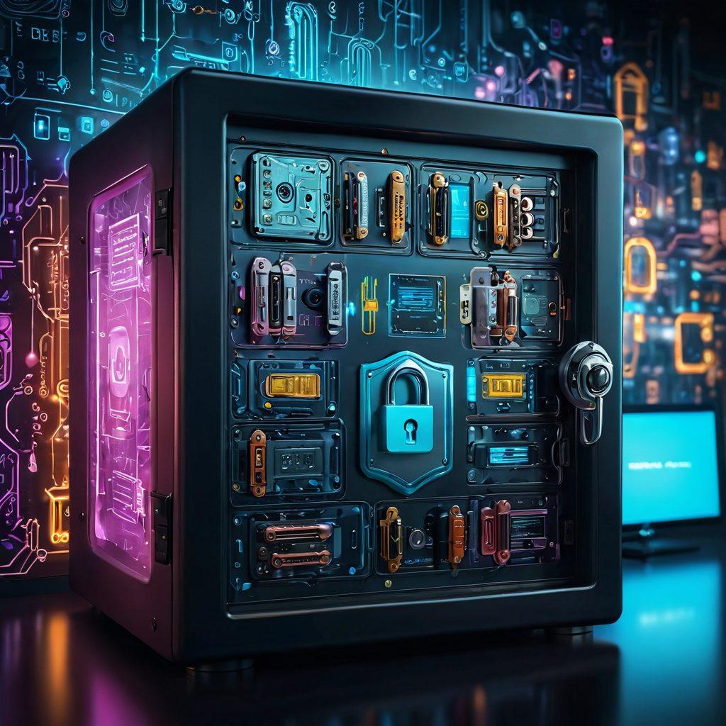 A digital safe surrounded by various padlocks, each labeled with a different password tips and icons representing online security like a shield and a key. The background features a glowing network of connections symbolizing the internet, with a warm light illuminating the safe. The overall image conveys a sense of security and trust, inviting the viewer to explore more about online safety. cyberpunk. vibrant colors.
